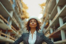 A powerful female entrepreneur at a construction site, wearing a tailored business suit and a white hard hat. She is standing with her hands on her hips, overseeing the construction work. The image is taken in a minimalist style with clean lines and neutral tones. The shot is from a low angle (contrapicado) to highlight her leadership. --ar 5:2 --stylize 500 Job ID: ce55a567-f856-4363-b413-9e014bc19c63